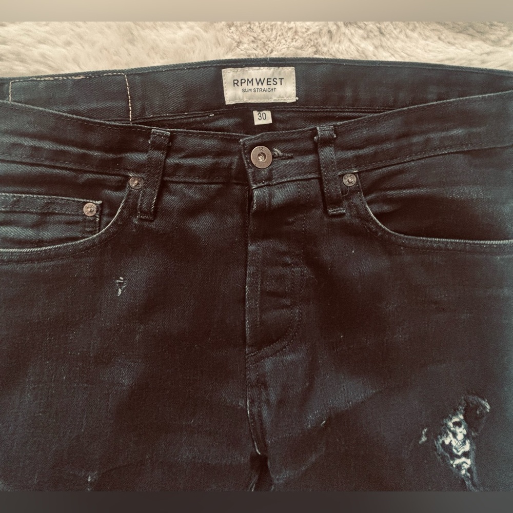RPM WEST CUSTOM DISTRESSED BLACK SKULL SLIM STRAIGHT DENIM JEANS SIZE 30 - Picture 3 of 6